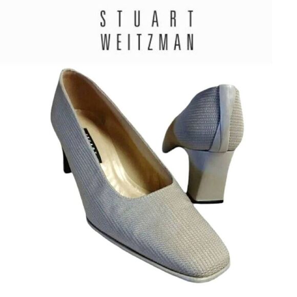 Stuart Weitzman Shoes - Stuart Weitzman VTG 90s Taupe Square Toe Textured Block Heels Womens 8.5 Pumps